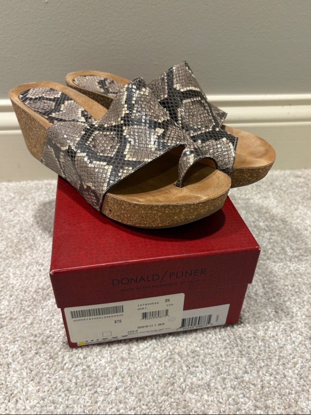 Donald J. Pliner Taupe Snake-Print Cork Wedge Slides
